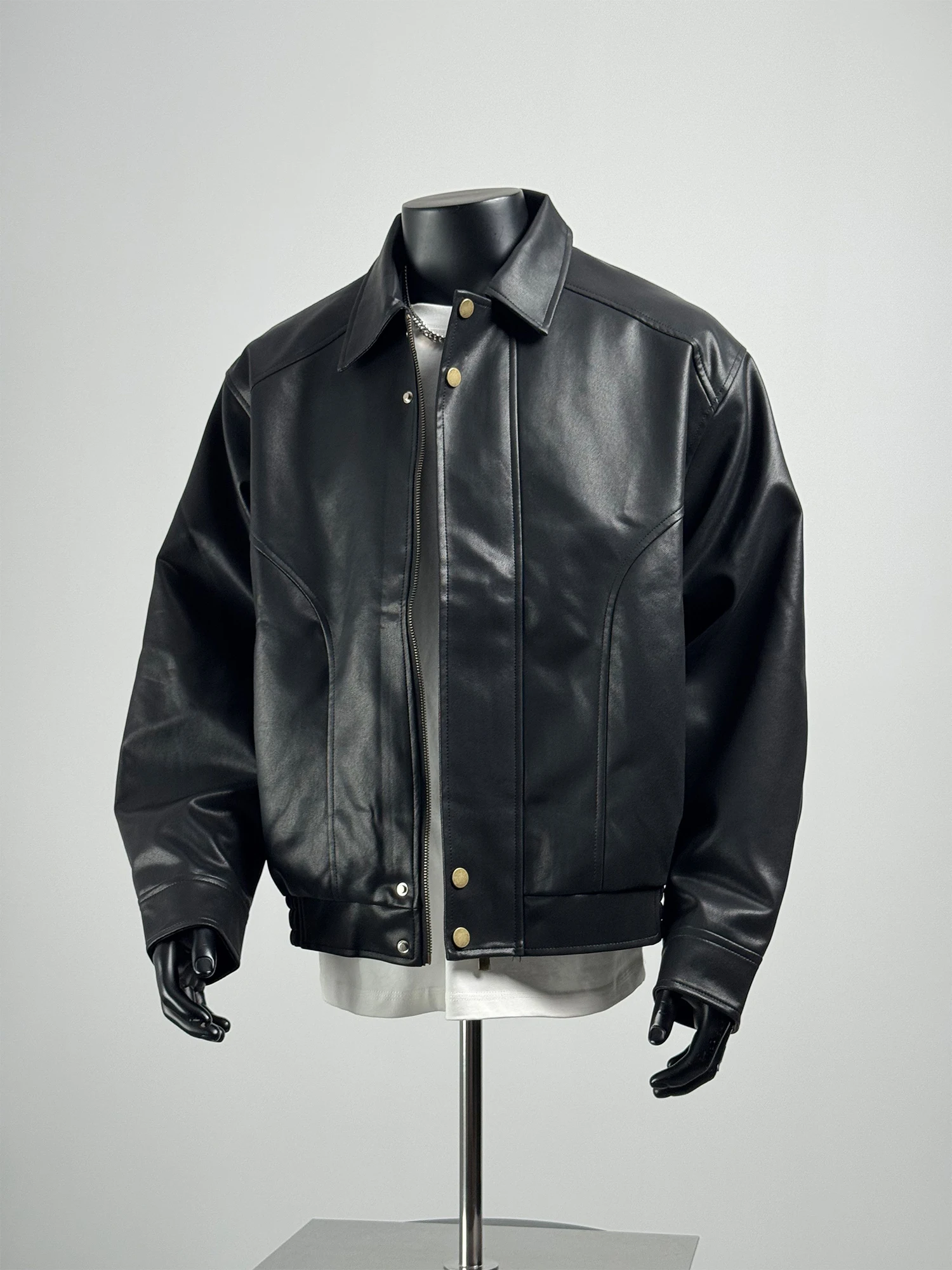 

Loose Fit Pure Color Collared PU Leather Jaet for Men Casual Sle Trendy Brand Autumn Outerwear Youth Vitali Wind