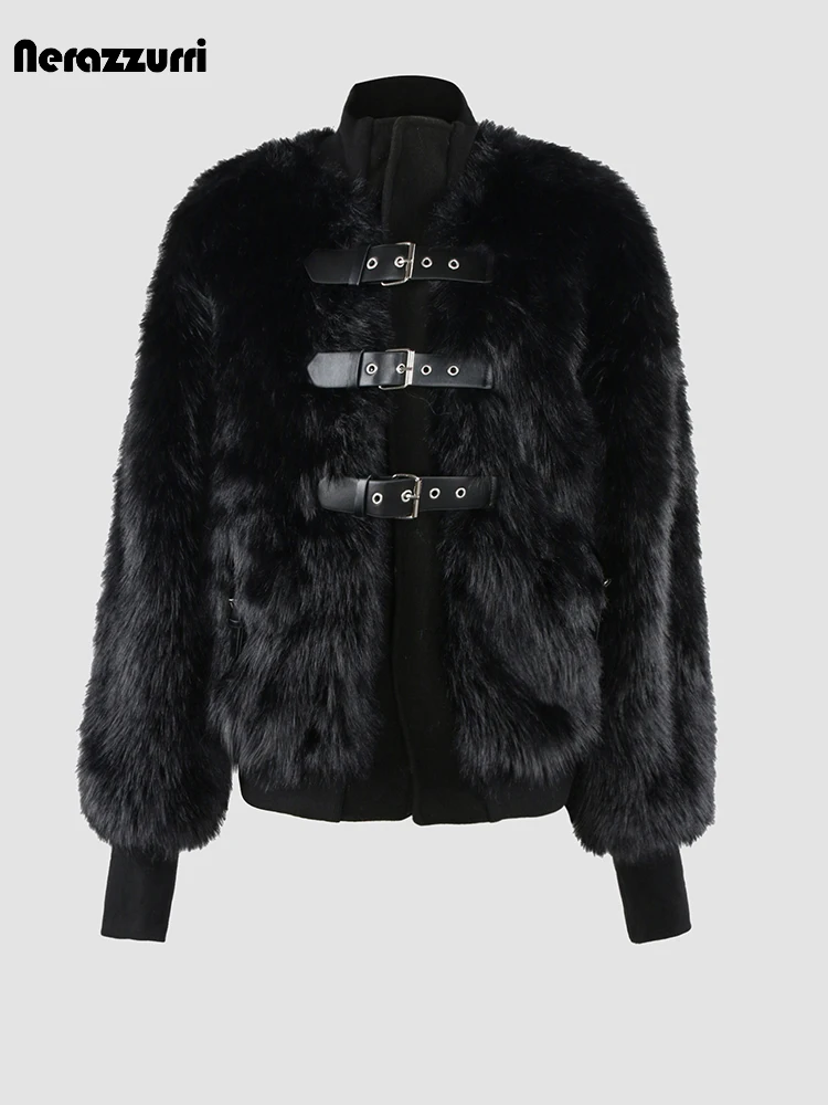 Nerazzurri Autumn Winter Cool Elegant Vintage Stylish Thick Warm White Black Patchwork Faux Fox Fur Coat Women Fluffy Jacket