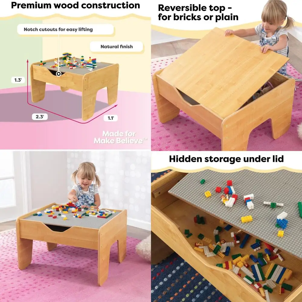 Tavolo da attività in legno KidKraft grigio e naturale con 195 mattoni, tavola reversibile, ideale dai 3 anni in su