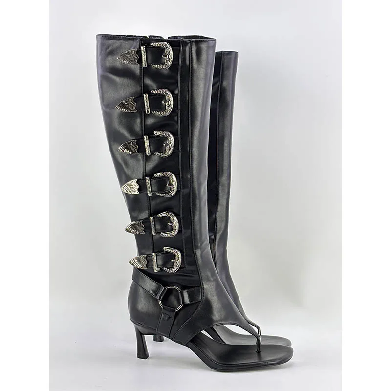 

Women's Black Faux Leather Knee High Boots Multi Snakeskin Buckle Decor Square Toe Kitten Heel Boots Punk Gothic Style Boots
