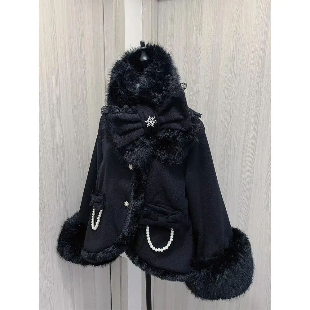 

Japanese Sweet Two-piece Suit Lolita Fluffy Soft Bow Coat Cute Scarf Autumn and Winter Suit Womens Thickened Plush Jacket Y2K