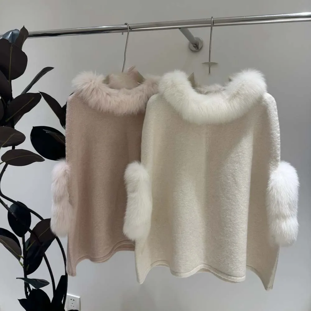 

Autumn Women Knitted Poncho With Real Fox Fur Collar Cuff Fashion Casual Genuine Wool Warm Pullover shawl