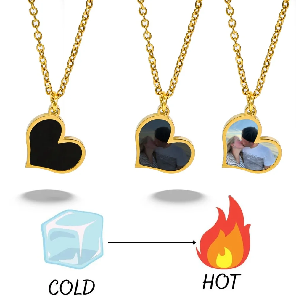 

European & American Metal Geometric Square Personalized Heat-Activated Magic Necklace, Custom Photo Jewelry, Hot Sales