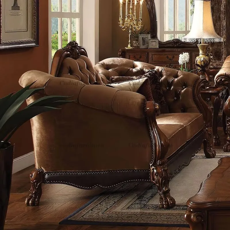 European Traditional Design Fabric Sofa Living Room Sofa Set Wooden Carved Fabric Sofas