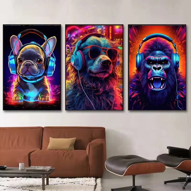 

Modern Animal Monkey Dog Headphone Dj Music Poster Canvas Print Painting Record Playing Music Picture Internet Bar Room Decor