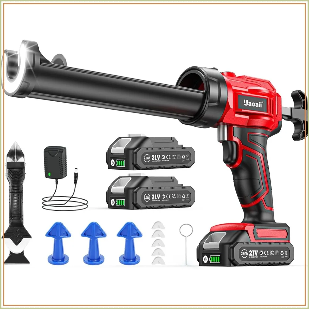 

Cordless Caulking Gun with 2x 2000mAh Batteries, 9Pcs Silicone Tools, 4 Speeds, LED Light, 10OZ, for Filling & Sealing (Red)