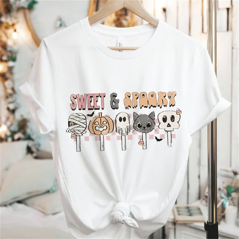 Casual Trend Halloween New Women's Letter Pattern T-shirt Top Fashion Casual Cartoon All Matching Base Shirt Women Clothing Tee