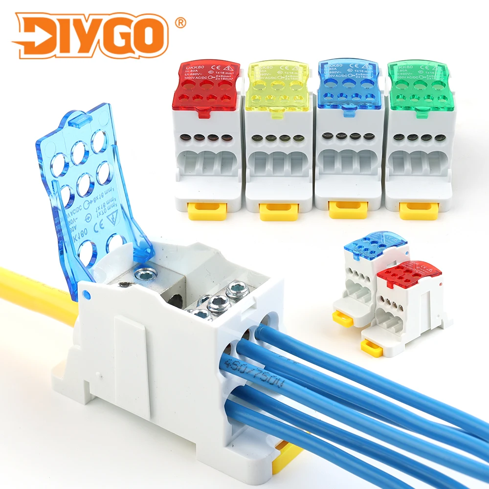 80A UKK Series Din Rail Distribution Box with Cover Power Wire Electrical Connector One In Six Out Junction Box Terminal Block