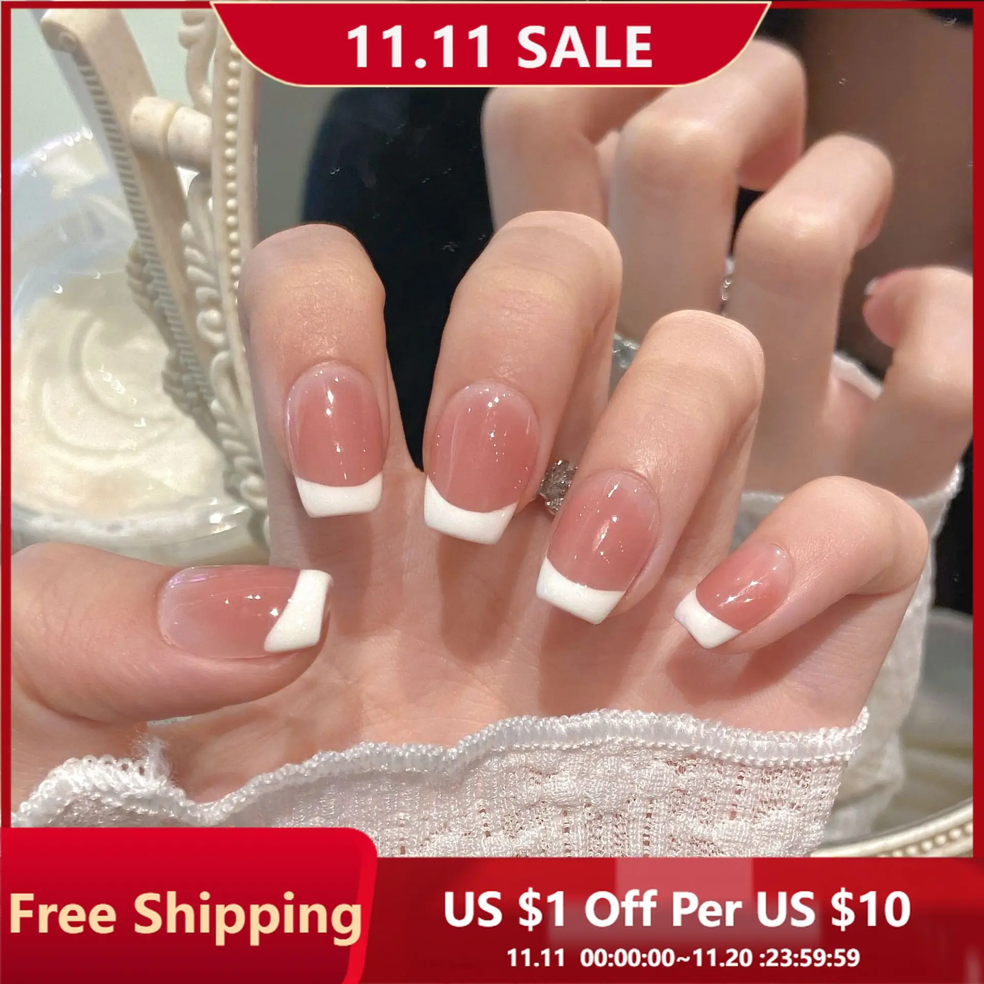 

10 шт., накладные ногти ручной работы, классические французские градиентные розовые накладные ногти с короткой лестницей для женщин и девочек, съемные носимые ногти