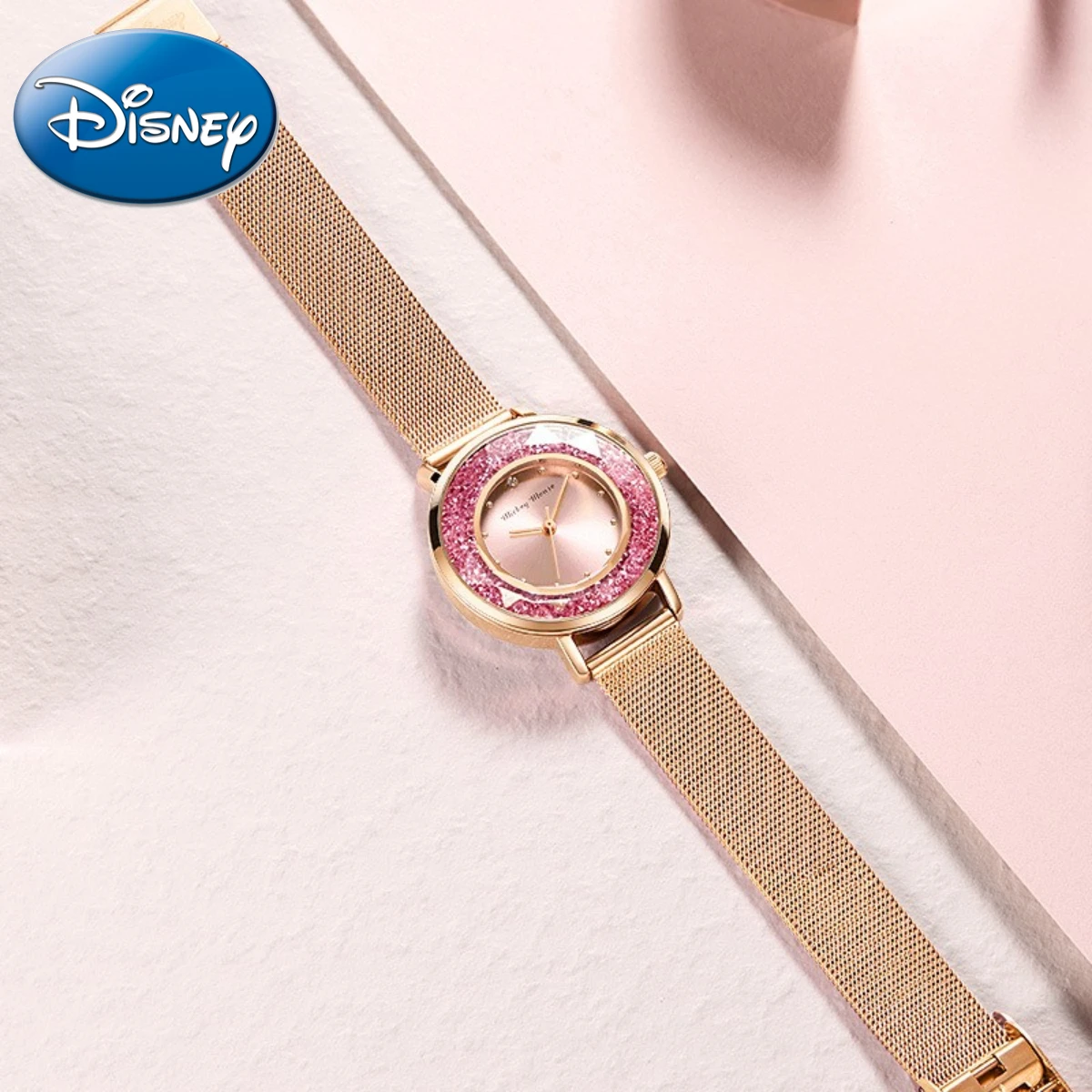 Disney Ladies Watch Flower Mirror Flurdy Character Girl Pink  Powder High -end Quartz Clock With Gift Box Relogio Masculio