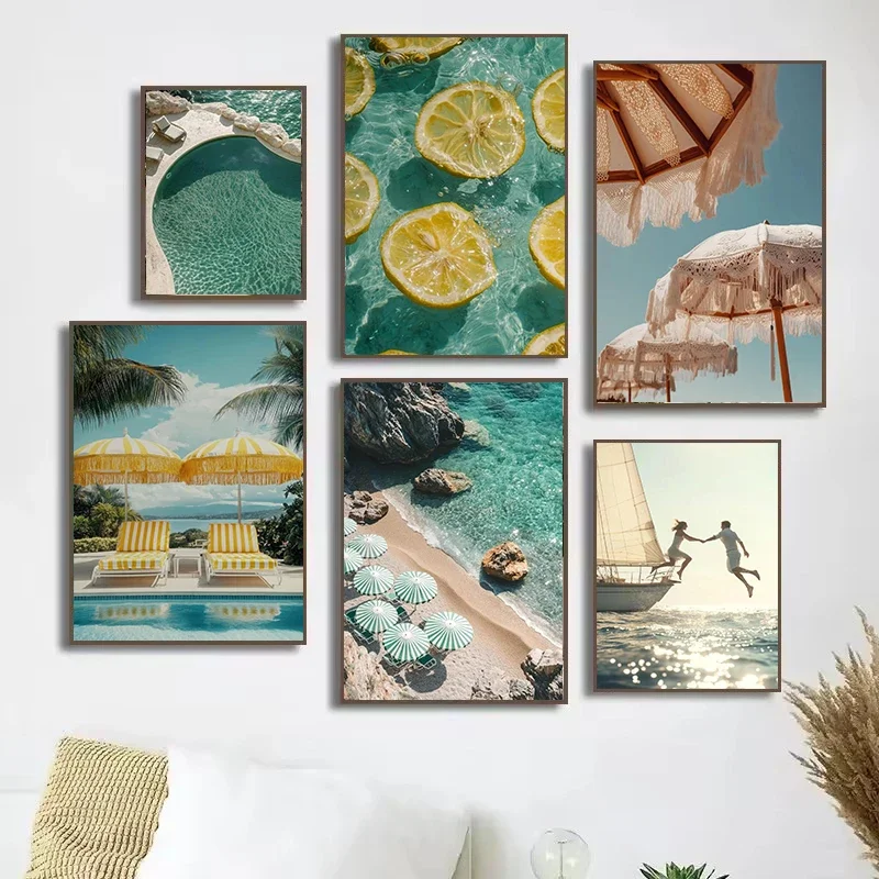 Mediterranean Summer Seaside Canvas Painting South French Lemon Seaside Hanging Painting Living Room Restaurant Homestay Post