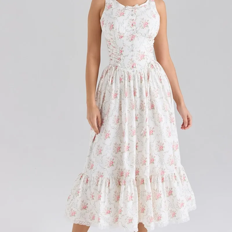 2025년 여름 플로럴 프린트 보헤미안 드레스 여성 앞면 레이스업 보우 O넥 A라인 미디 탱크 드레스 우아한 여성 휴가 파티 로브