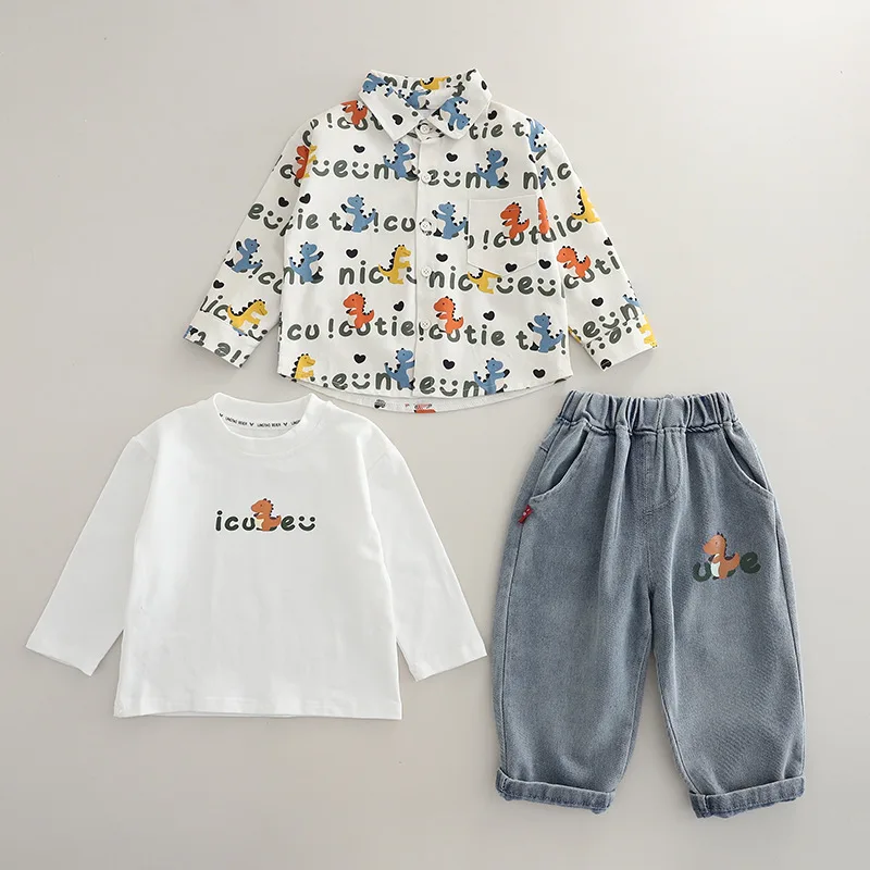 Autumn Boys Dinosaur Print Set Korean Style 3-Piece Outfit with Letter Shirt&T Shirt &Jeans Casual Clothes for Kids  123