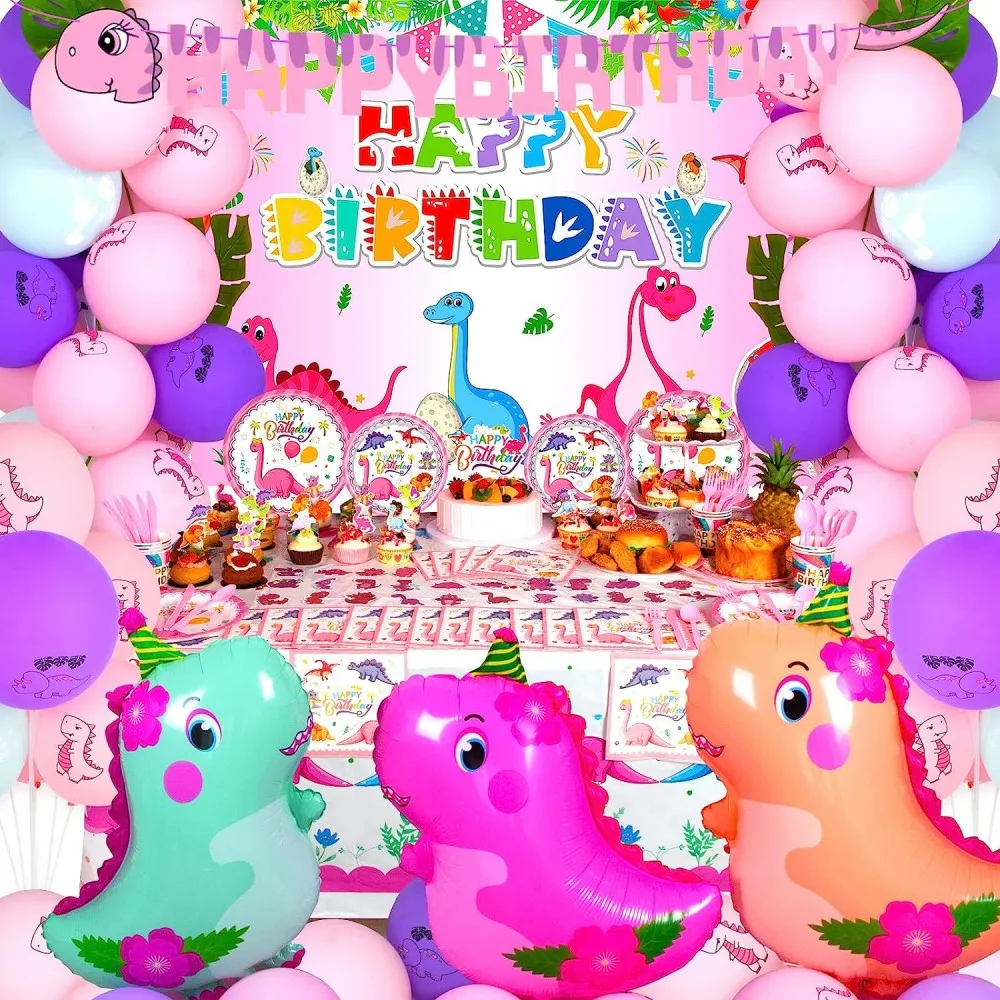 Pink Dinosaur Party Decoration Balloons Pink Dino Paper Tableware Plate Backdrop Baby Shower Kids Girl Birthday Party Supplies