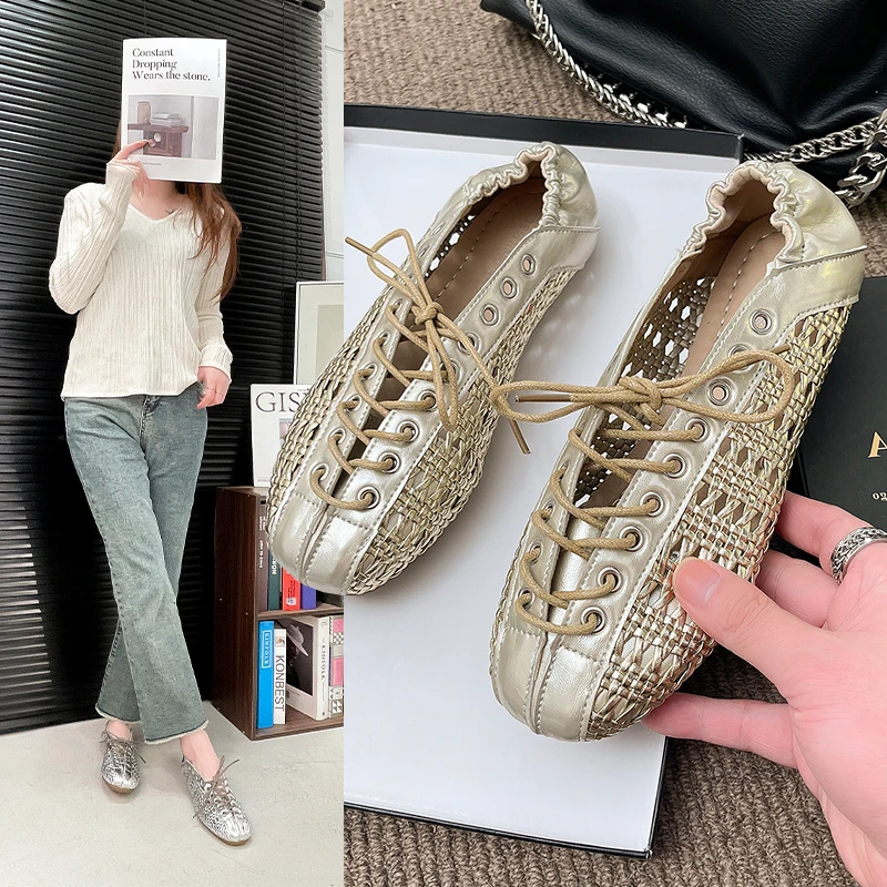 

2026 Summer Breathable Hollow Out Weave Women Ballet Flats Fashion Mary Jane Shoes Soft Soles Walking Loafers Casual Girls Shoes