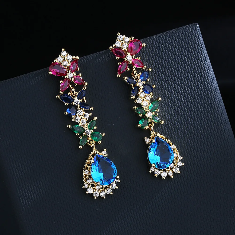 Retro color zircon earrings 925 silver new trendy design sense high-end temperament palace earrings women's party jewelry Gift