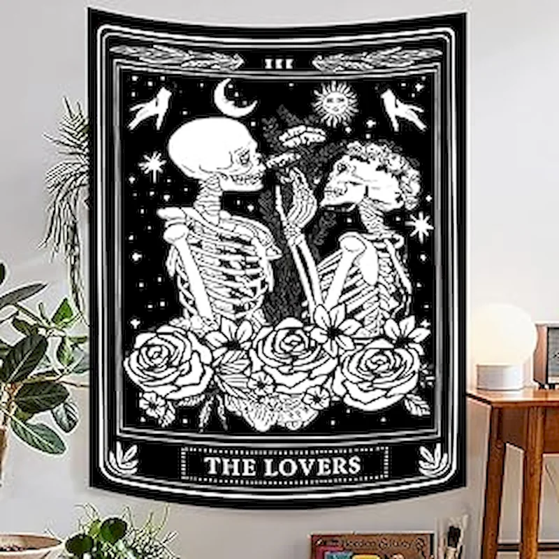 VIKAMA The Lovers Tarot Tapestry, Skeleton Skull Rose Wall Hanging Home Decor, Boho Hippie Room Tapestry Decor
