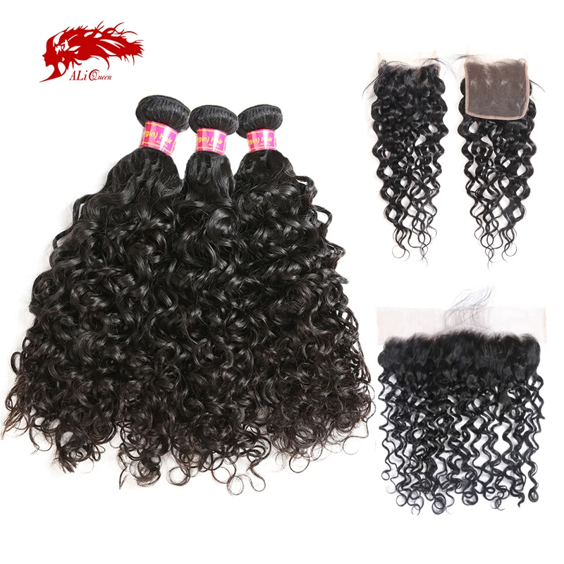 Ali Queen Water Wave Bundles With Closure Brazilian Virgin Hair 3/4pcs Hair Extension Weaves Human Hair Bundles With Frontal