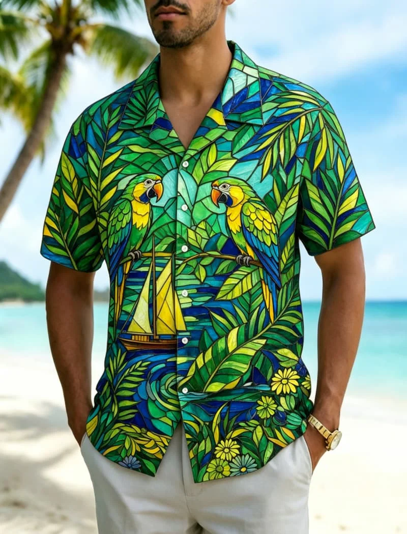 

Men's vintage glass art style printed shirt, suitable for summer short trips, beach wear, office casual wear, and street fashion
