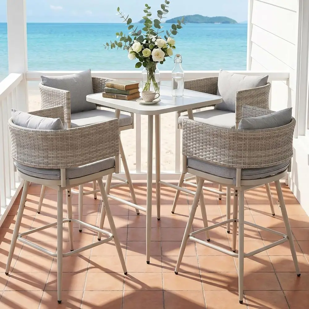 

Set of 4 Grey Outdoor Wicker Swivel Bar Stools with Cushions for Patio, Pool, Deck, or Balcony