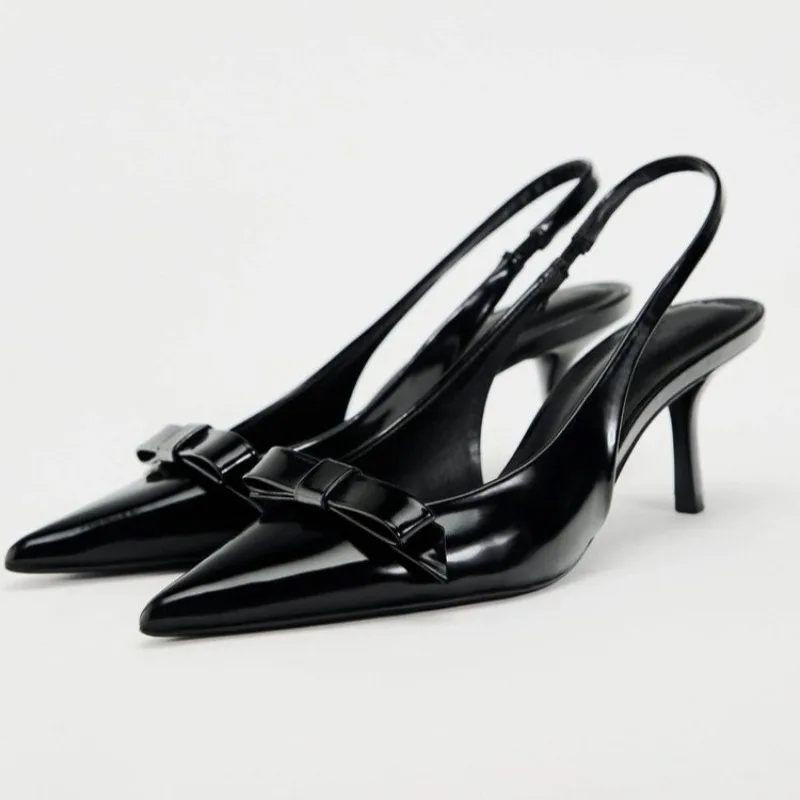 

New Black Modern Office Shoes for Women Black Wedding Slingback Pointed Toe Butterfly Decoration Female High Heeled Sandals