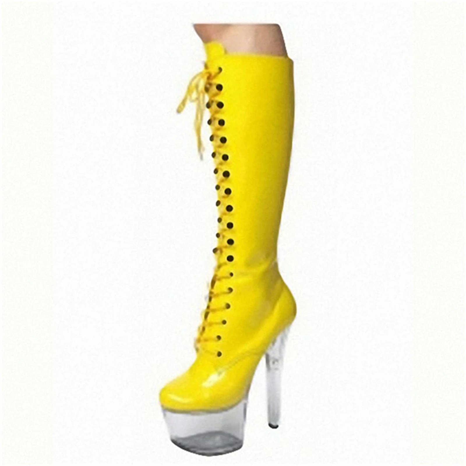 

​17CM Extreme Heel Thigh Boots Bright Yellow, Patent Leather Lace-Up Platform Boots with Clear Chunky Sole, Youthful Street Sty