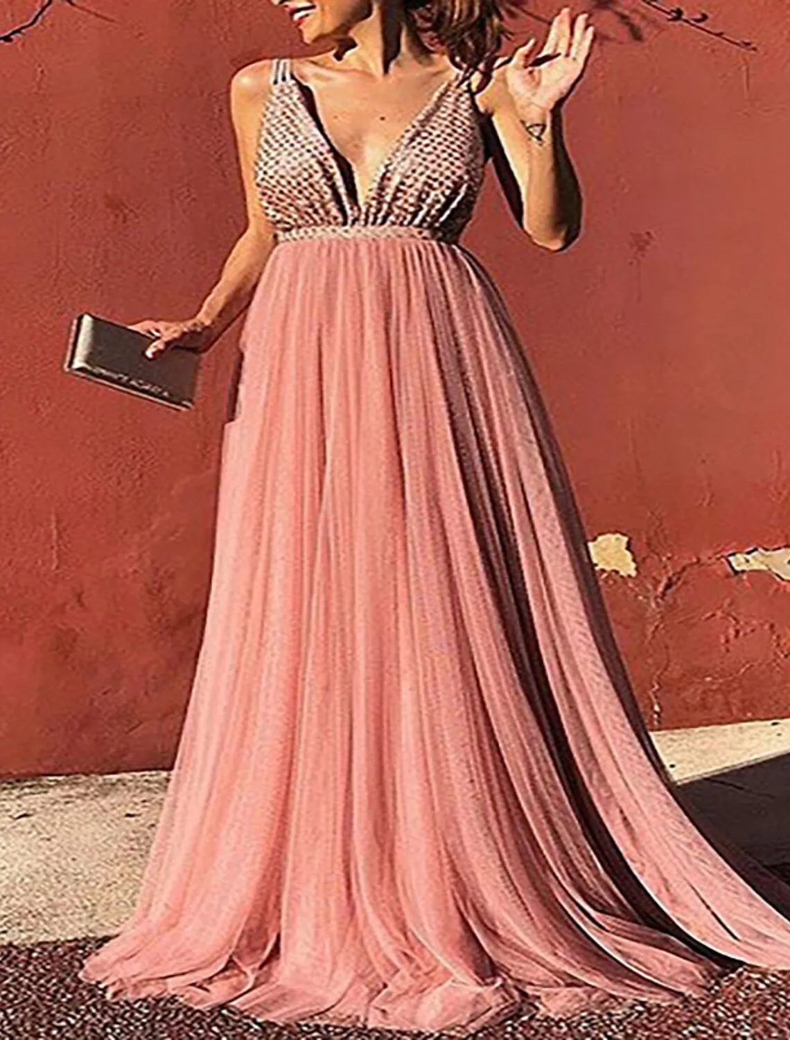 Alicerb a linha das mulheres vestidos de baile lantejoulas maxi longo rosa sem mangas cor pura sem costas chiffon profundo v festa moderna 2022