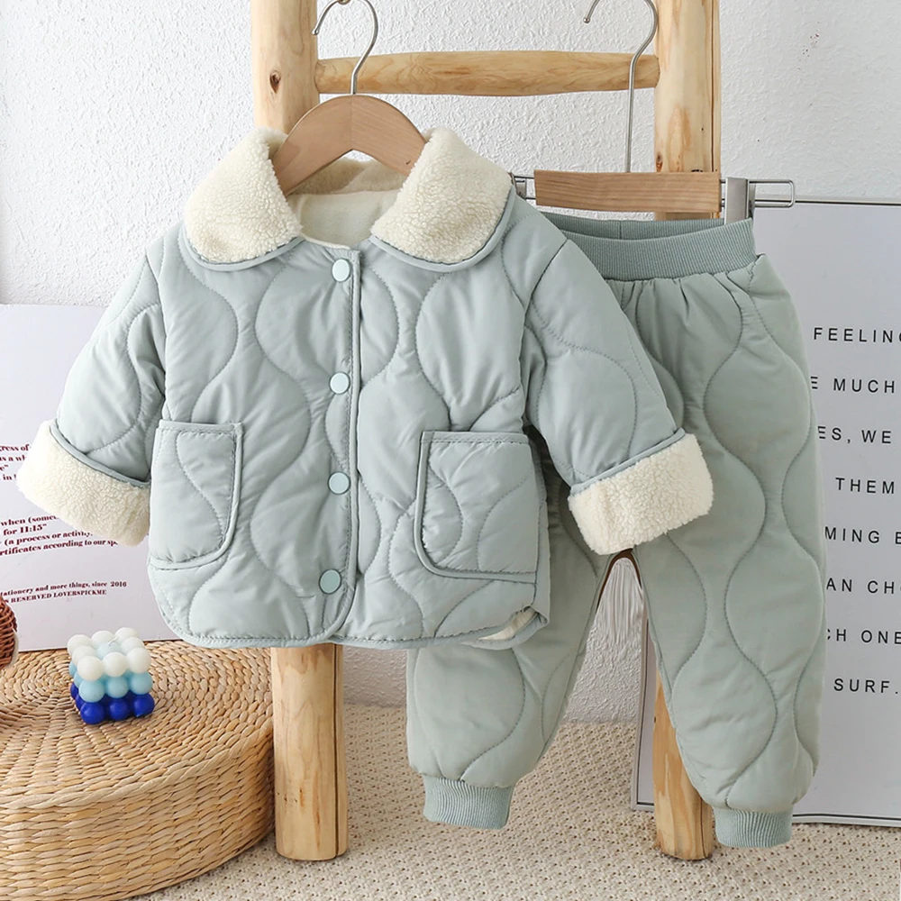 Winter Kids Cotton Padded Coats Thick Warm Children Clothes Sets Kids Velvet Single-breasted Quilted Jackets+Pants 2Pcs Suits