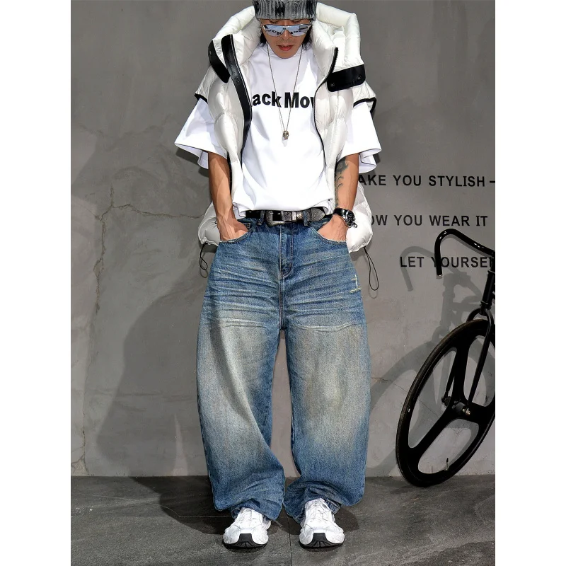 

Мужские джинсы премиум-класса синего цвета, винтажные, с изогнутым широким кроем, свободные повседневные брюки Vibe High-End, универсальные