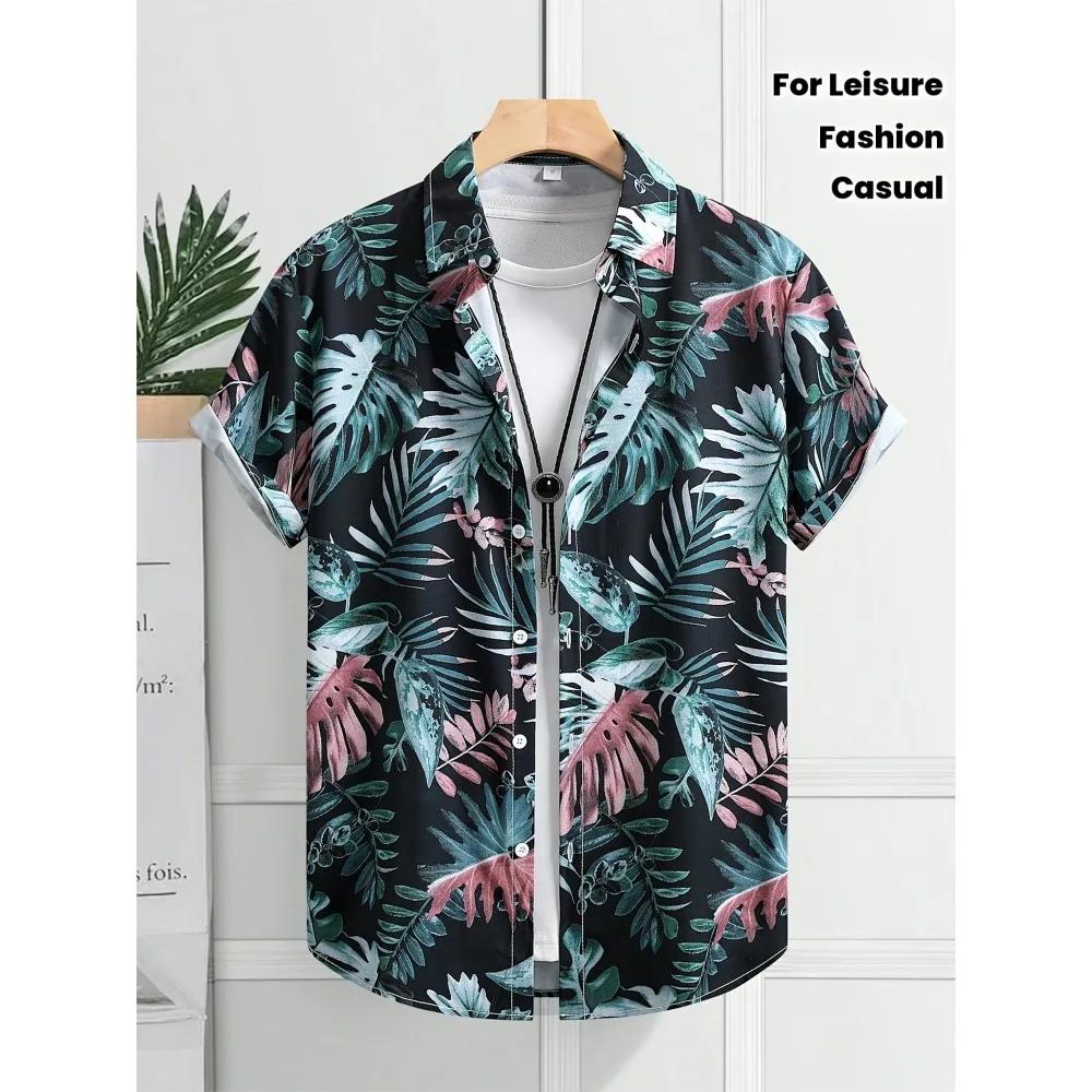 Men Black Green Pink Tropical Leaf Hawaiian Shirt Moderate Short Length Monstera Palm Print Lapel Button Beach Casual Top
