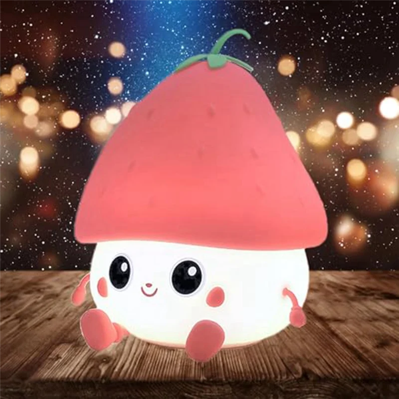 Linda luz nocturna de fresa, luz nocturna de silicona, adecuada para decoración de habitaciones, luz de cama LED regulable, bonita decoración de habitaciones