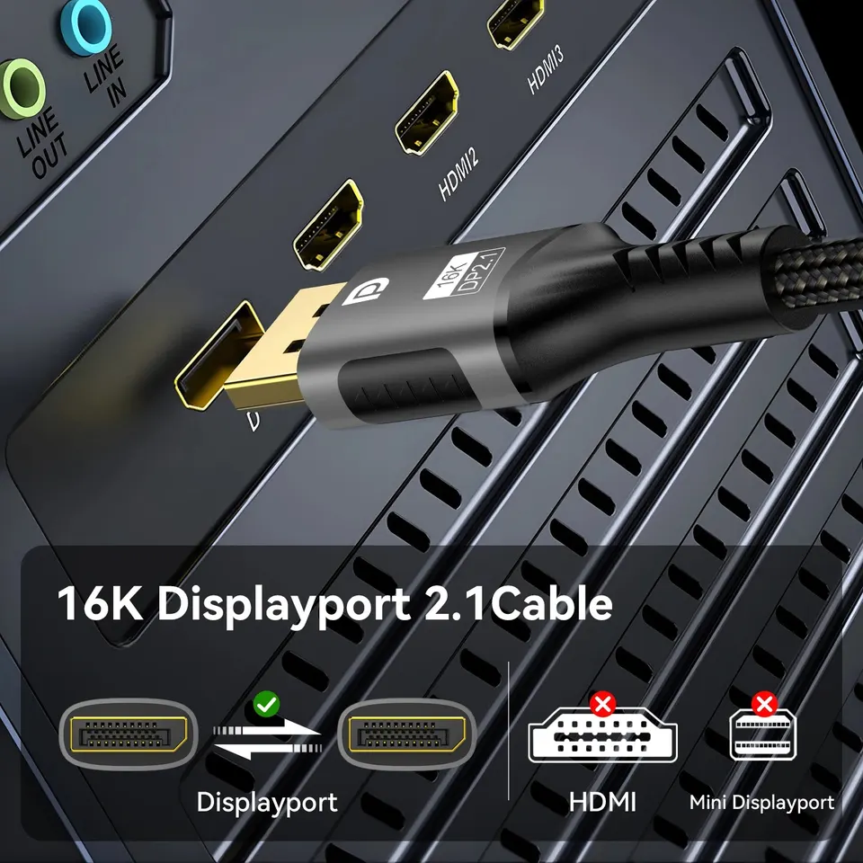 16K DP 2.1 8K@120Hz 4K@240Hz 80Gbps HDR Video Audio Displayport Cable Display Port for Laptop TV Xbox Projector Gaming Monitor - Detail Angle #04