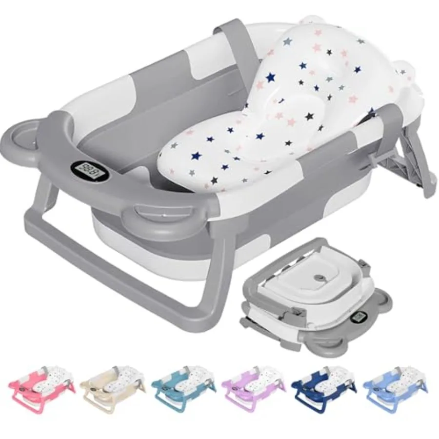 TPN Collapsible Baby Bathtub with Soft Cushion Real-Time Thermometer for Infants to Toddlers 0-36 Months Portable Newborn Trave