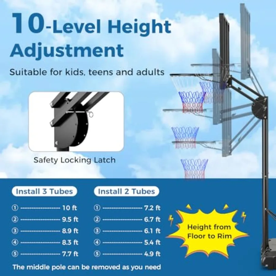 Outdoor Basketball Hoop with Height Adjustable Feature from 4.9 to 10 Feet Portable Design with Shatterproof Backboard Dual Whe