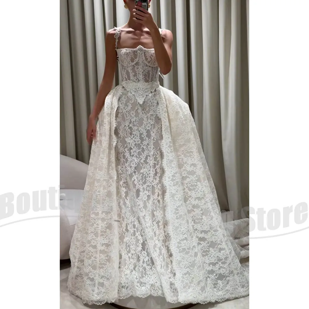 

White Lace Wedding Dresses with Spaghetti Straps Fashion Appliques Detachable Overskirt Floor Length Elegant Bridal Dresses