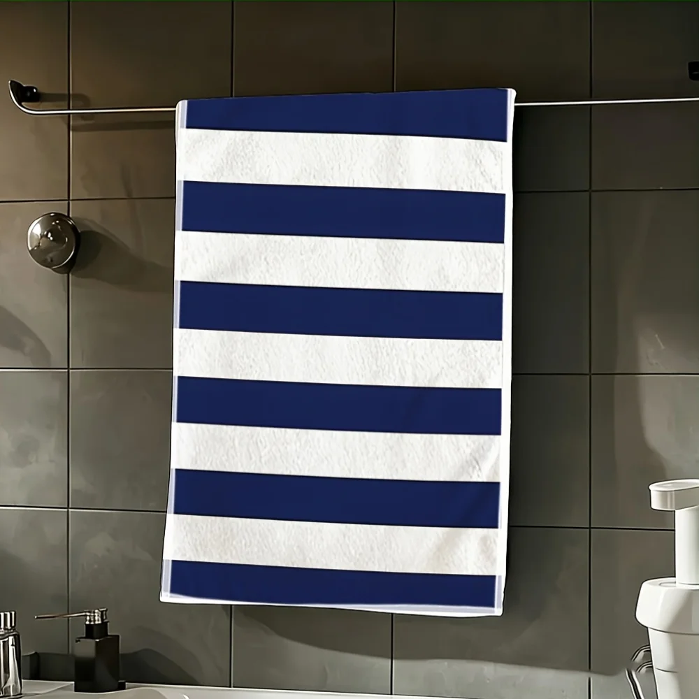 1pc Navy Blue White Stripe Printed Kitchen Towel, Soft Absorbent Hand Towel, Perfect for Bathroom,Home,Nautical Decor,Guest Room
