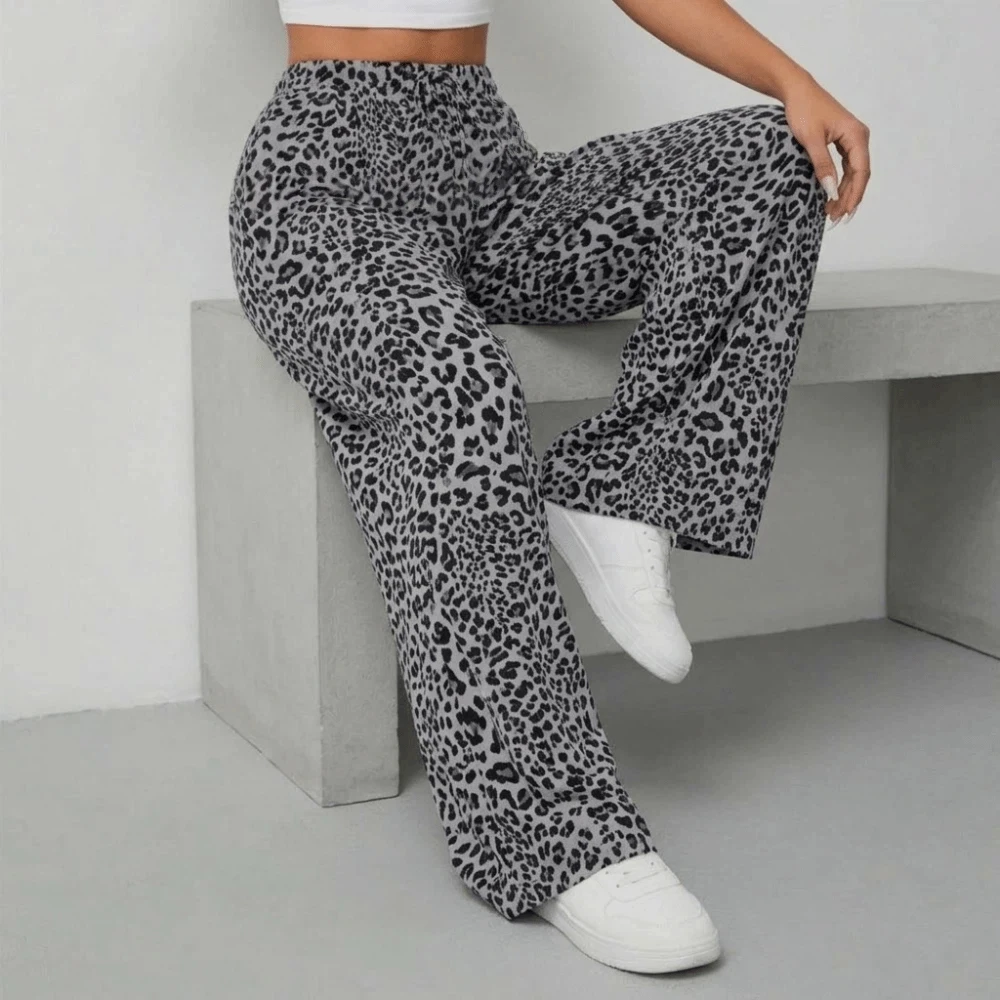 Fashion Lace-up Leopard Print Pants Baggy Vintage Loose Trousers Comfortable Casual Floor Length Britches Summer