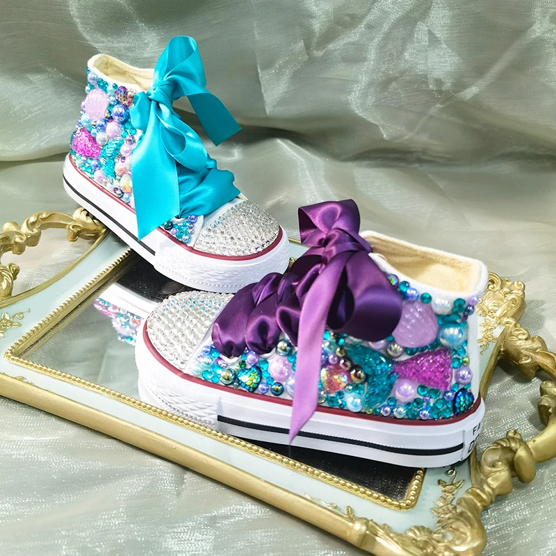 Simulazione di conchiglie fai da te Bling scarpe fatte a mano tela tema oceano bambini ragazza compleanno sirenetta Party High Top Pearls Sneakers
