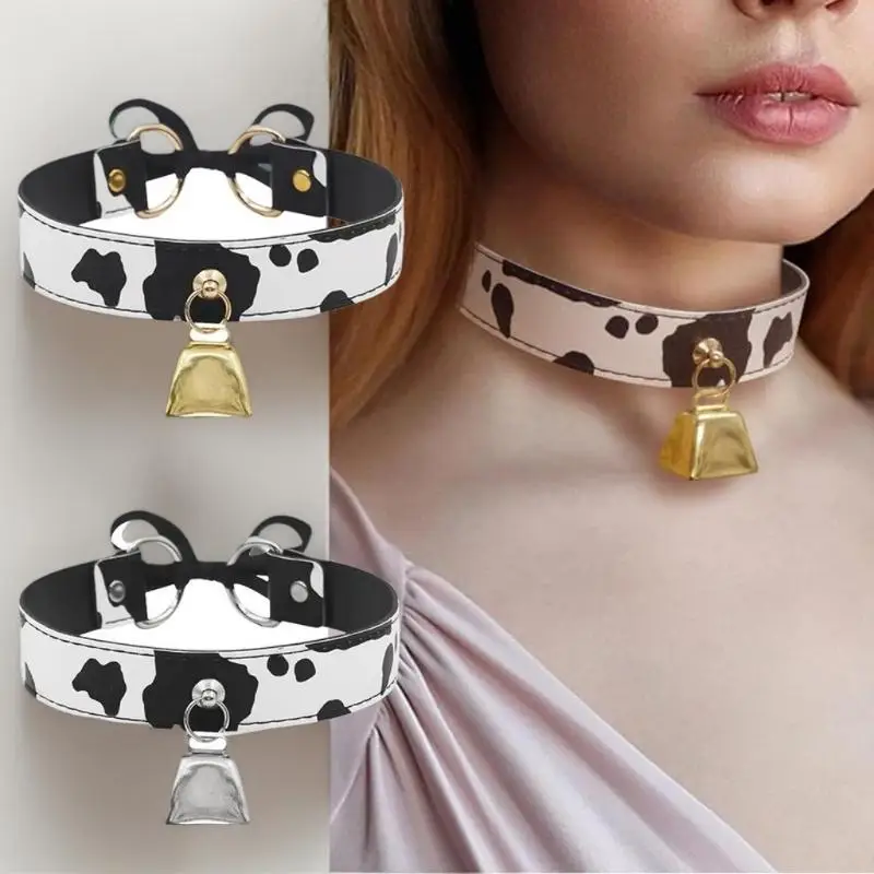 Sexy Leather Cow Print Bell Pendant Collar Choker Necklace For Women Punk Gothic Sweet Bow Necklaces Cosplay Party Jewelry Gifts