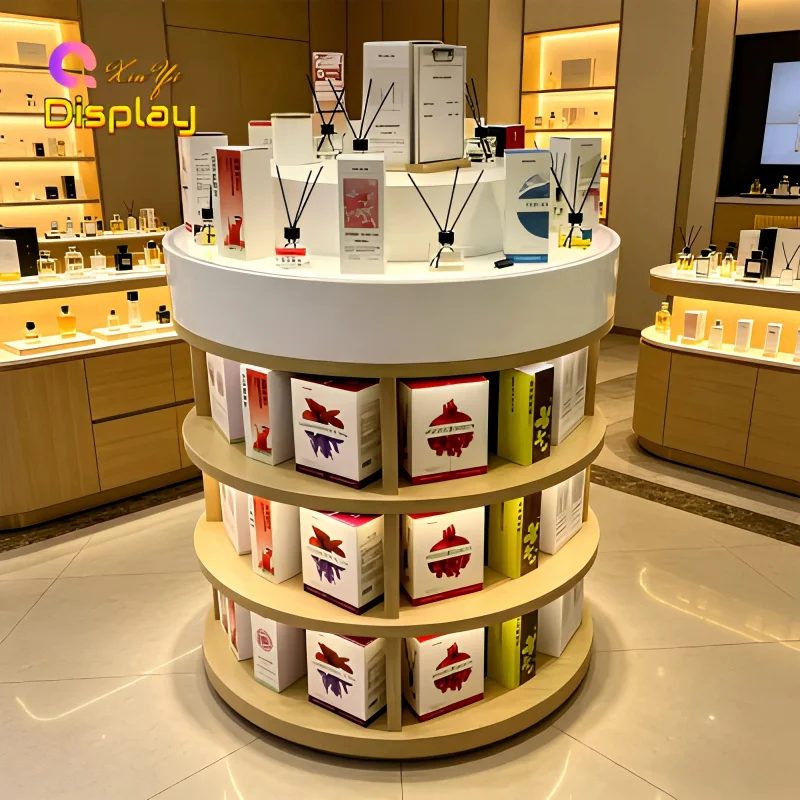 custom.Round Multi-layer Perfume Display Shelf Modern Luxury Retail Cosmetic Shopping Mall LED Lighting Eco-Frie