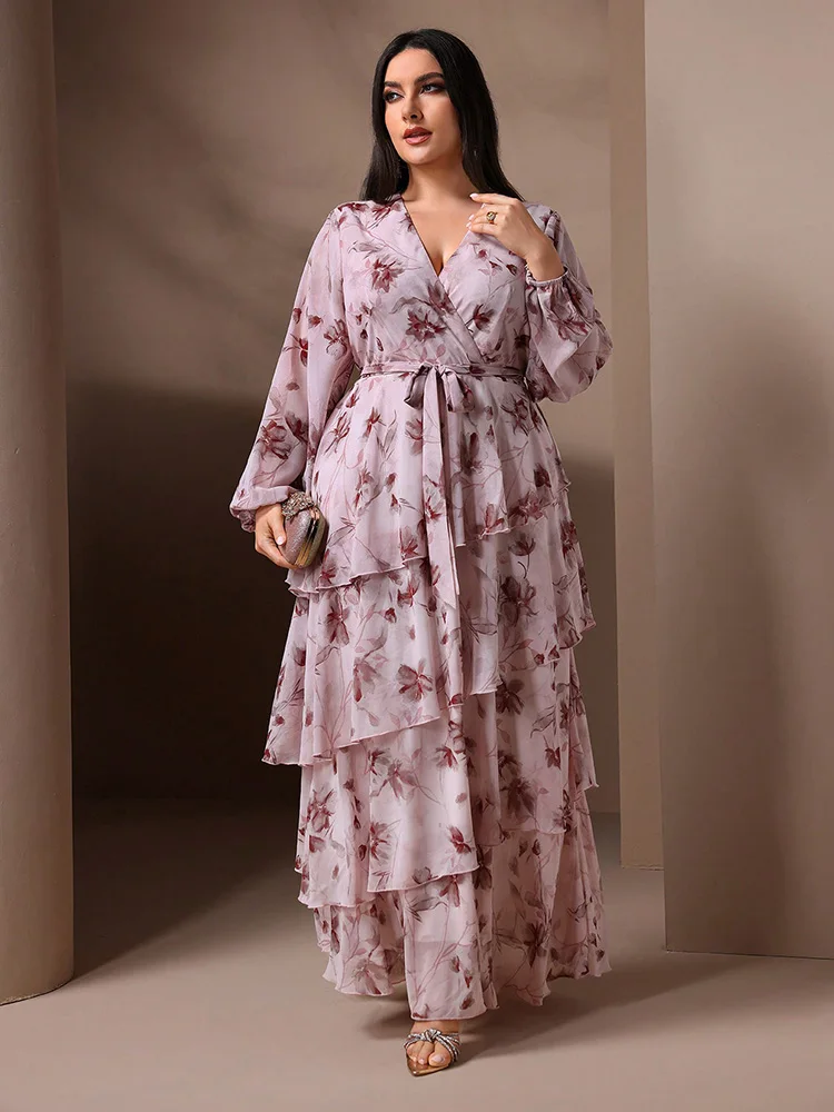 TOLEEN-Vestido largo informal con estampado Floral para mujer, traje Formal elegante de talla grande con cuello en V y cinturón, manga larga, novedad de 2024