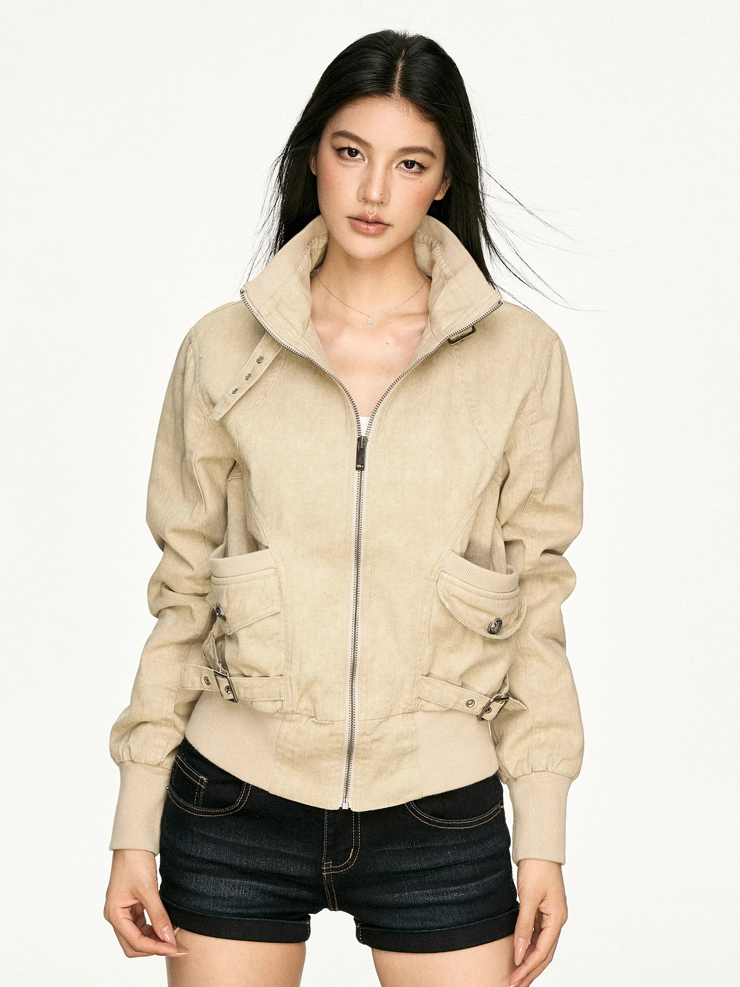 

Aaisup American Style Washed Deconstructed Workwear Stand Collar Jacket Women's Spring Autumn Casual Versatile Shoulder Lengt...