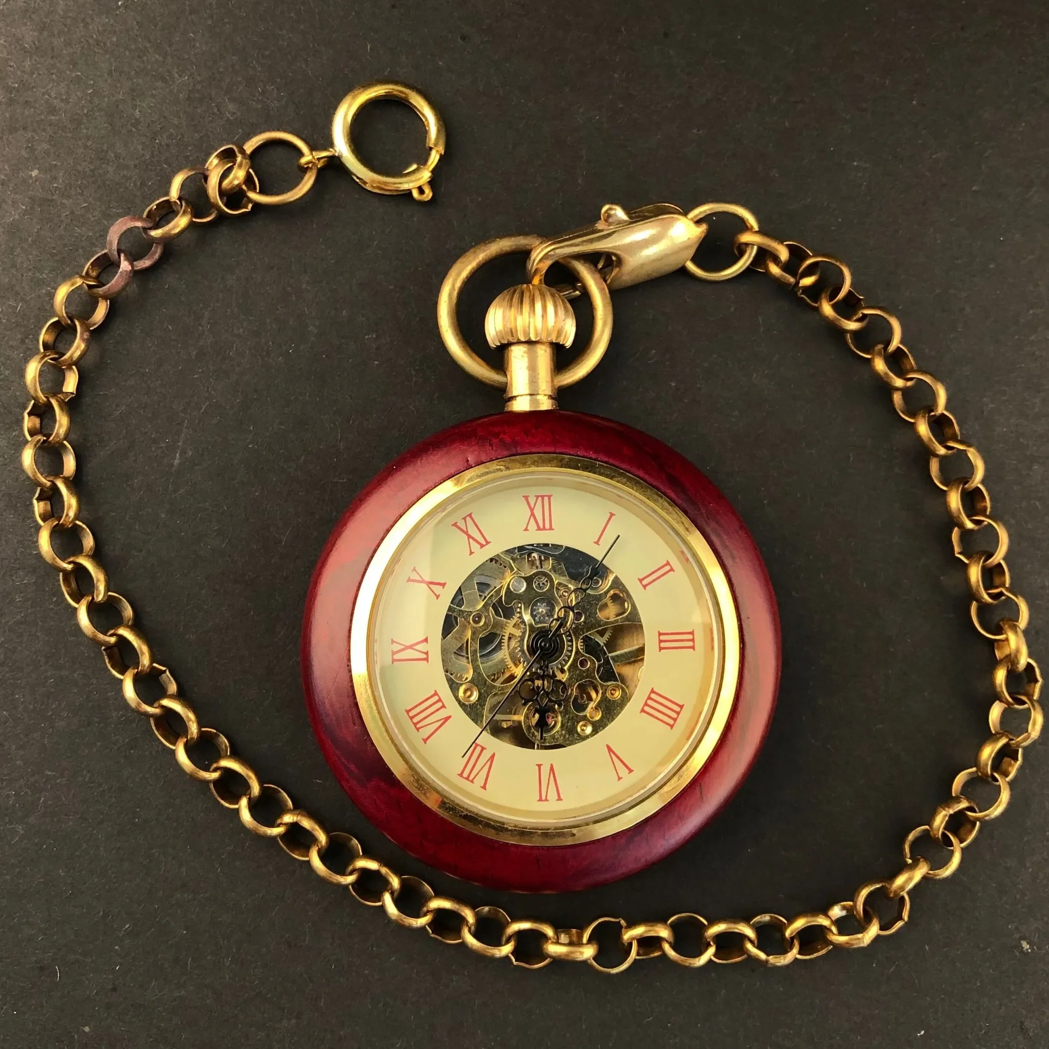 Red Wooden Mechanical Pocket Watch  Open Face Pendant Pocket Pendant Clock Luxury Watch for Men Women with 30cm Bronze Chain