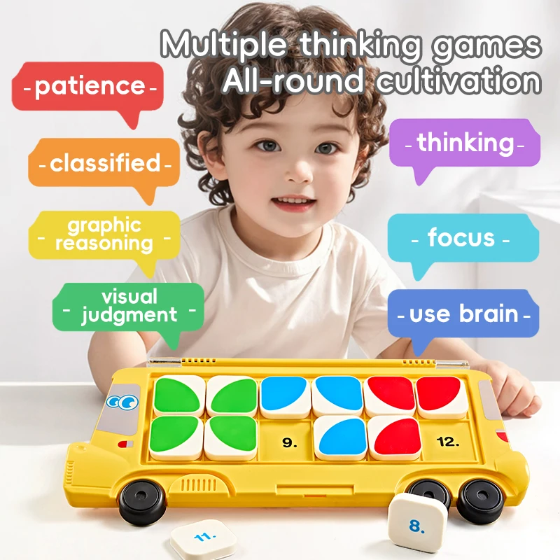 Autobus scolastico logico educativo: giocattolo STEM bifacciale per bambini |   Impara la matematica, orologio e forme, Natale/ Ringraziamento/Halloween/Pasqua