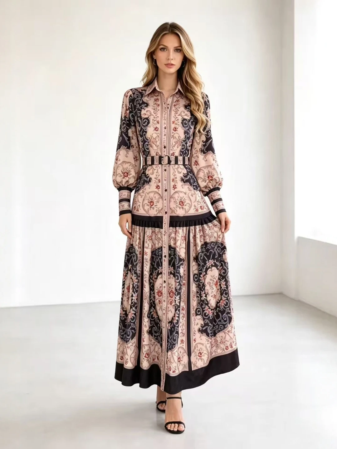 Retro Print Lantern Sleeve Long Dress Women's Waist Cinching Slimming Maxi Skirt National Style Court Fashion LQ980