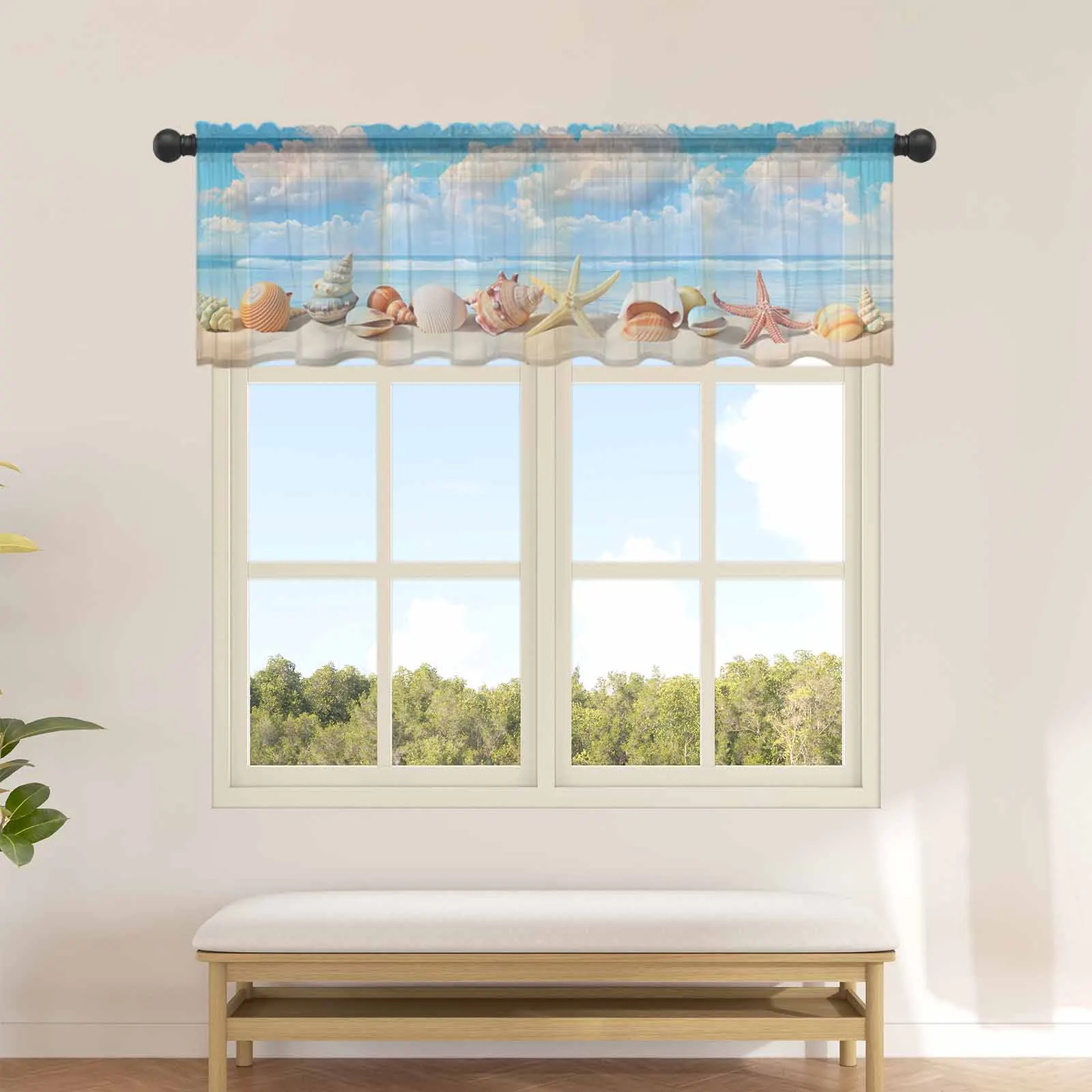 Summer Ocean Shell Conch Starfish Kitchen Small Window Curtain Tulle Sheer Short Curtain Living Room Home Decor Voile Drapes