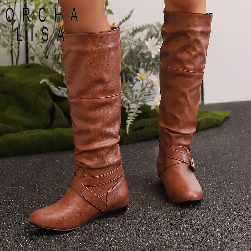 

ORCHA LISA Knee High Boots Pleated Round Toe Flats Slip On Rivets Belt Buckle Extended Size 43 44 45 Autumn