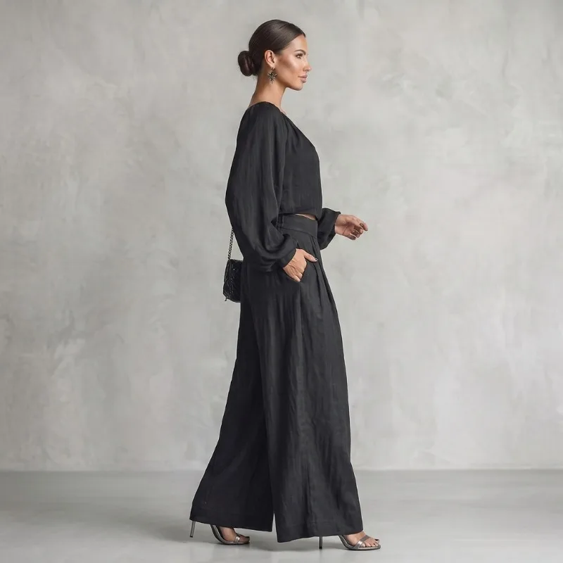 UOOZEE Women's Black 2 Piece Sets Solid Color One-shoulder Puff Sleeves Crop Tops & High Waist Wide Leg Pants Casual Daily Suits view 4