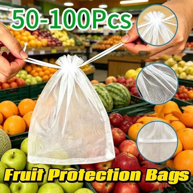 50/100PCS Reusable Fruit Protect Net Bags Drawstring Green Gardening Pest Barrier Cover for Trees Vegetables Grapes Strawberries