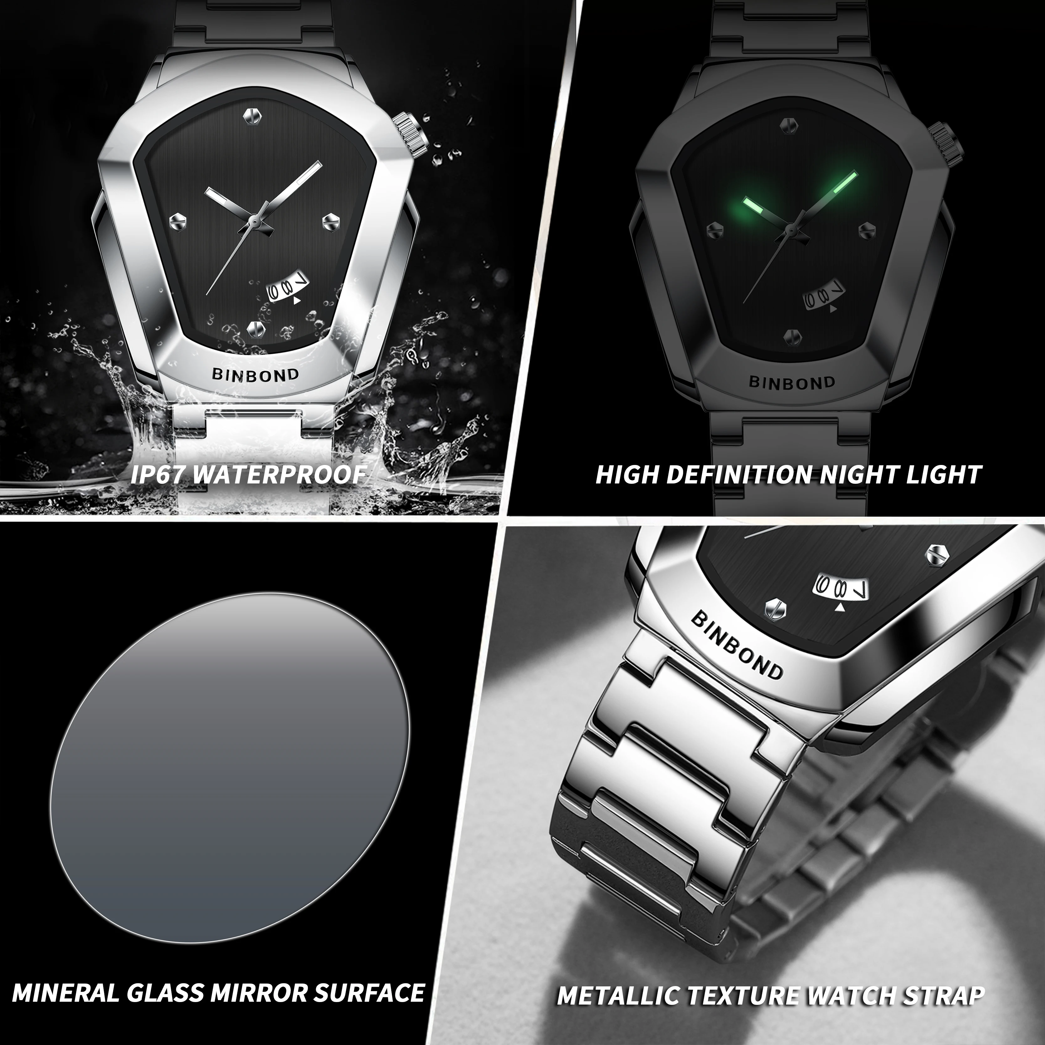 BINBOND watch diamond alloy watch men's shaking sound popular men's watch e-commerce quartz watch lovers watch